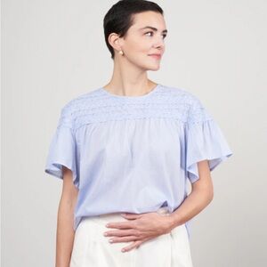 Merlette Lisse Smocked Pintucked Cotton Short Sleeve Blouse Chambray size Medium